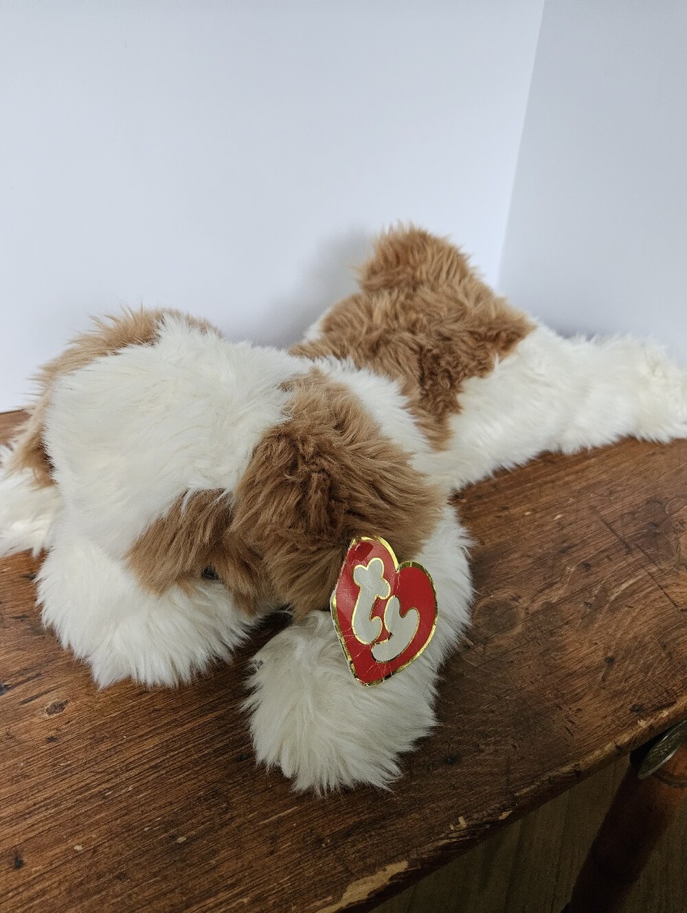 TY Beanie Buddy Patches Laying Puppy Dog Plush 17" Cream and Brown 1995 Rare